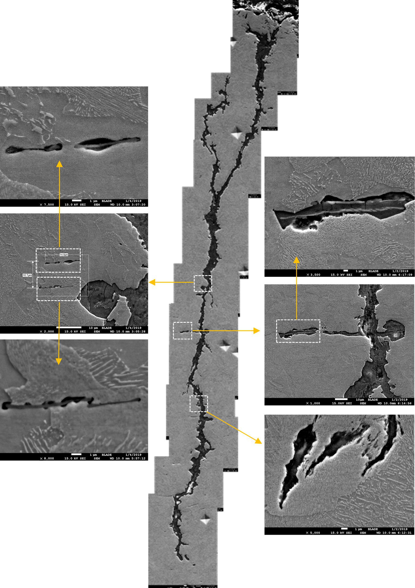 A SEM image showing a central crack with surrounding details in various insets. Each inset highlights specific features at magnifications between 500x and 5000x.