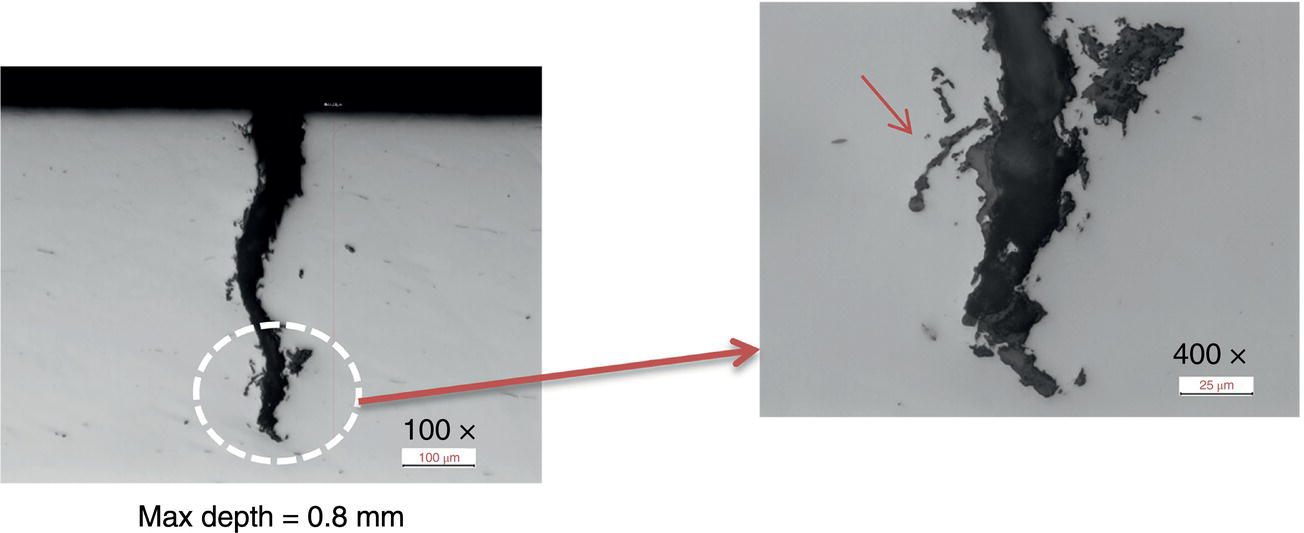 Two SEM images of spiderweb cracks; the left shows a 100x view with max depth of 0.8 mm, and the right shows a 400x detail of the corroded walls and tips.