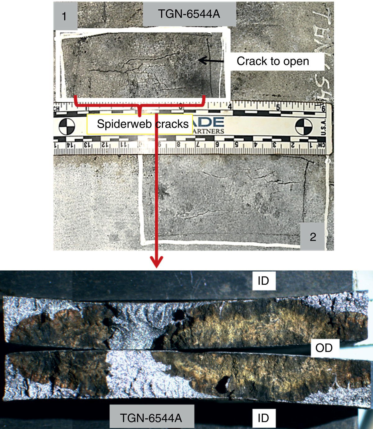 An image showing a spider-web crack extracted for evaluation, with indications for the open crack and labeled surfaces. Below, detailed views of the inner and outer diameter surfaces of the crack.