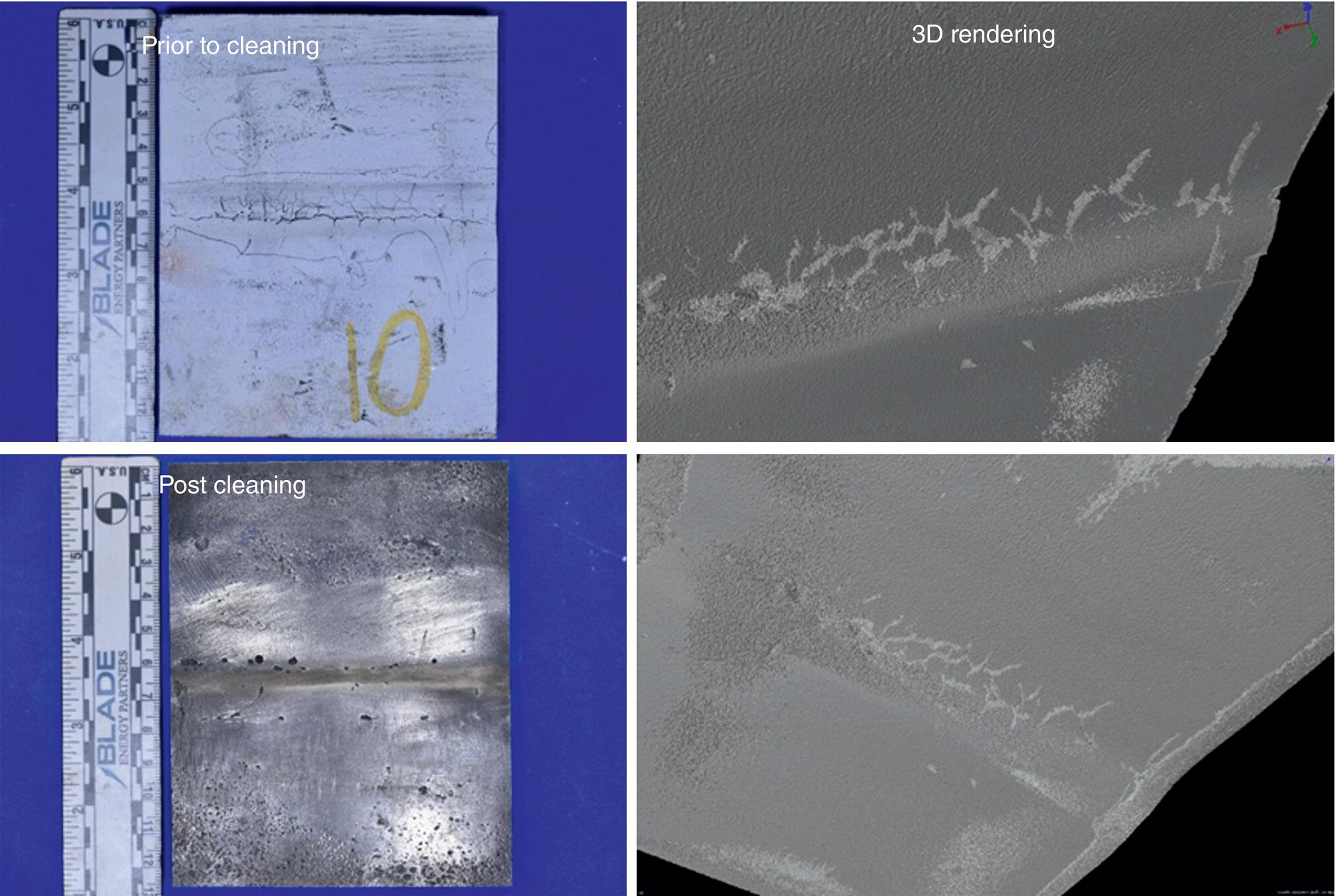 Four images comparing the outer diameter OD surface before and after cleaning. The top left shows the uncleaned surface, while the bottom left displays the cleaned surface; right panels feature 3D renderings of both conditions.