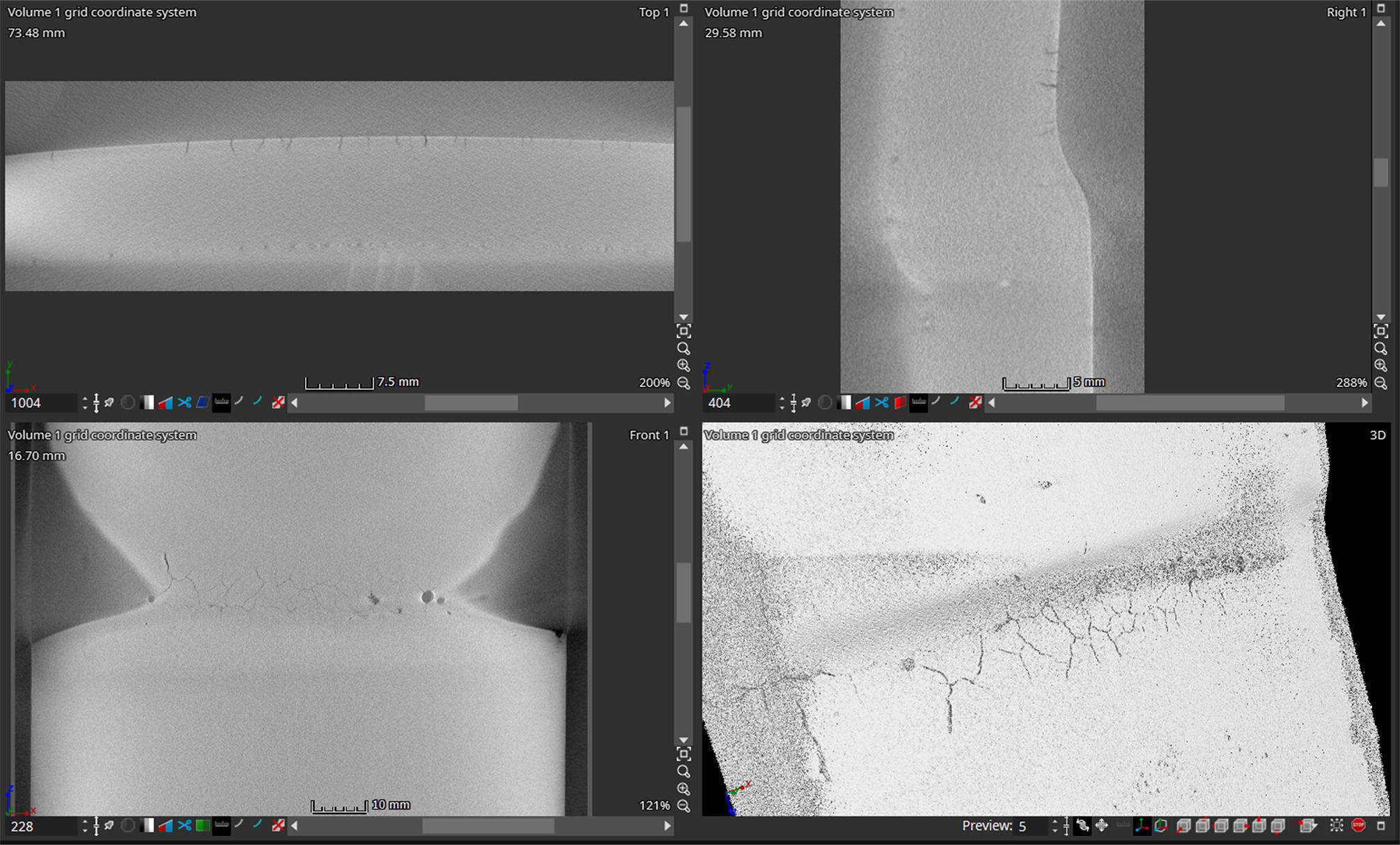 Four-panel image showcasing 3D XCT rendering examples. The top panels display different cross-sections, while the bottom panels highlight crack features and surface details.