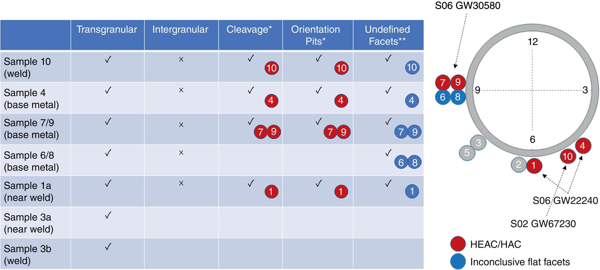 A table summarizing observations and findings of various samples with checkmarks indicating the presence of specific characteristics. Circular diagram alongside categorizes data on undistended facets and orientation.