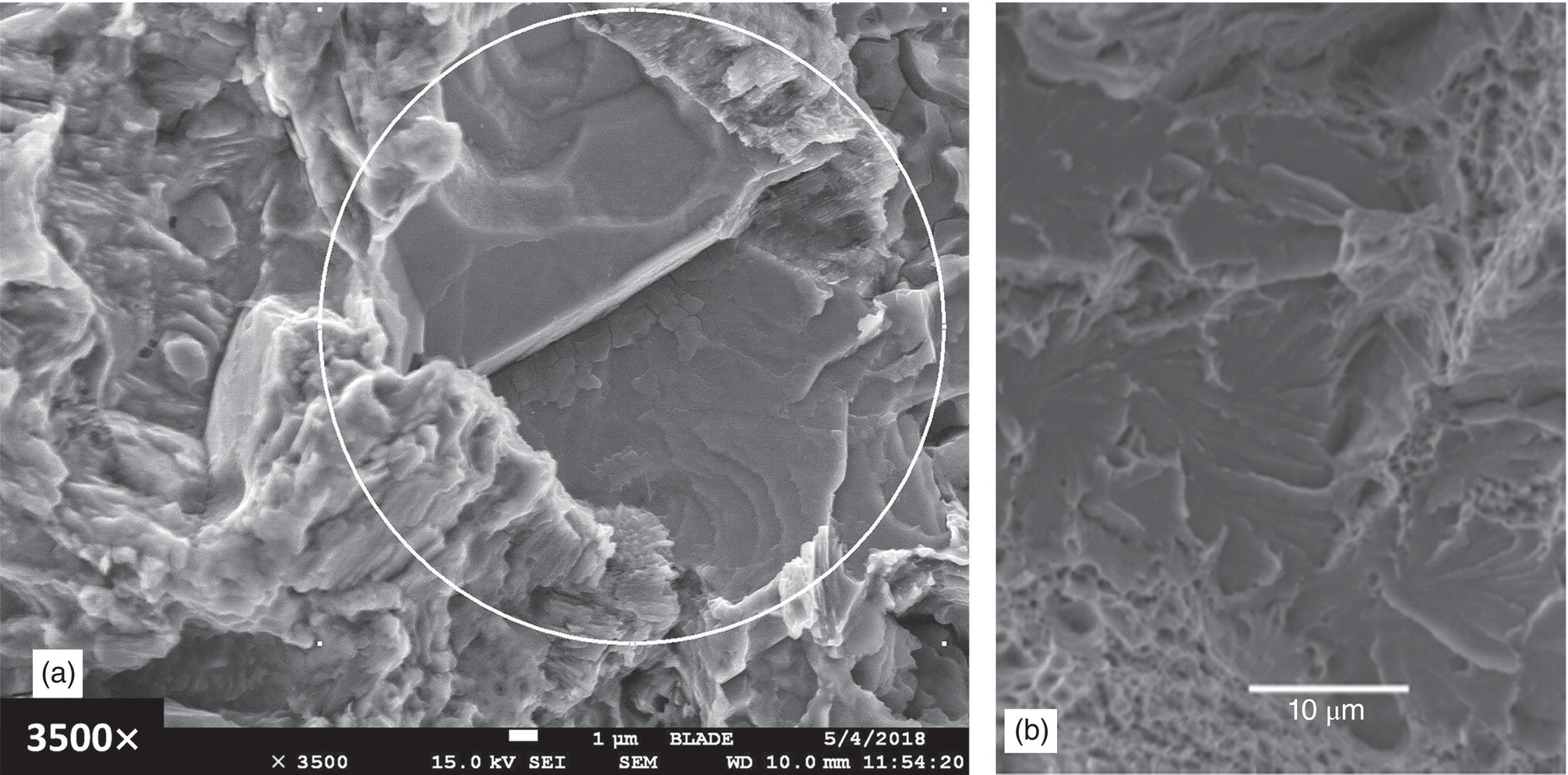 Two scanning electron microscope images showing surface morphology related to in-service failure. The left image is magnified at 3500x, while the right image provides a scale bar of 10 micrometers for reference.