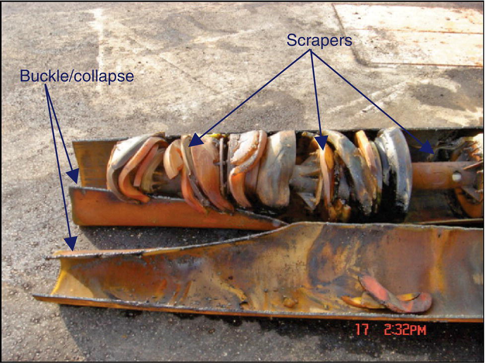 A damaged mechanical component showing signs of buckling and collapse. Scrapers are labeled on the spiral section, indicating wear and potential malfunction.