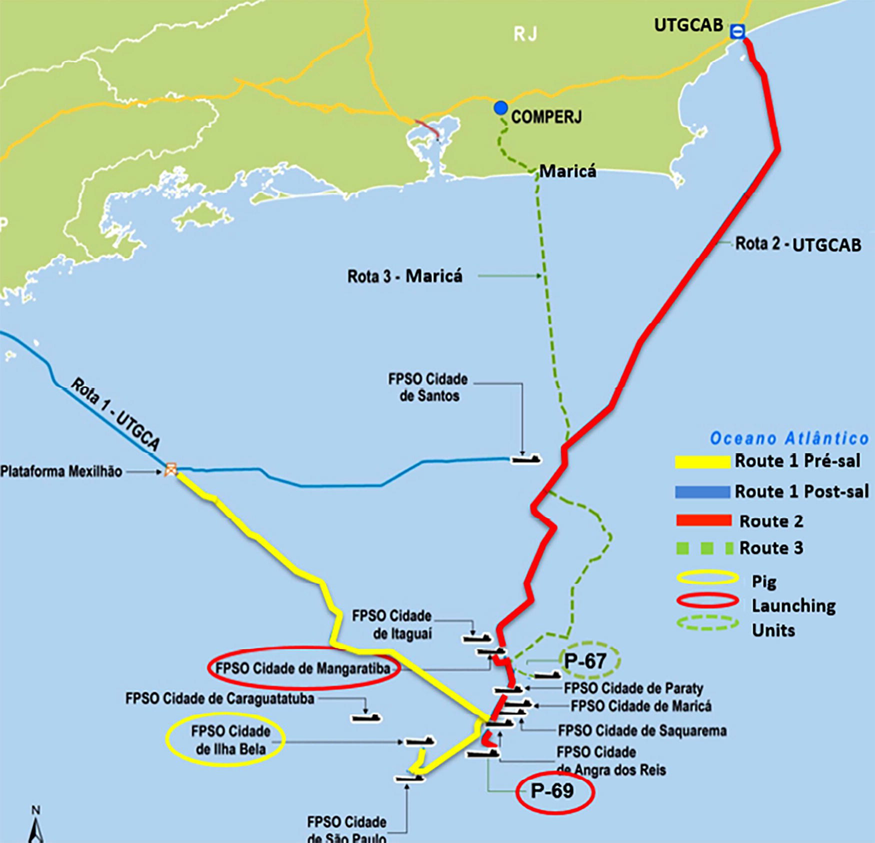 A map illustrating the pre-salt and post-salt oil transport routes, labeled Route 1, Route 2, and Route 3, with key locations marked including FPSO units and launching units. The map highlights connections to COMPERJ and UTGCAB in Rio de Janeiro.