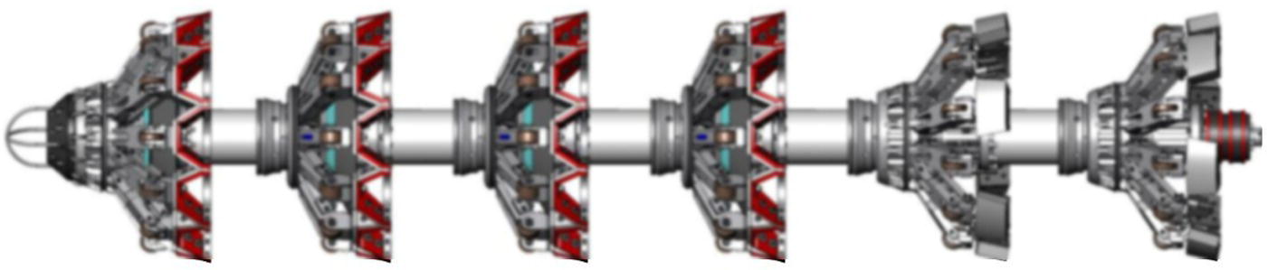 A diagram of a multi-cylinder engine assembly showing a central shaft with multiple attached cylinders arranged symmetrically. The image emphasizes the mechanical design and structure of the engine components.