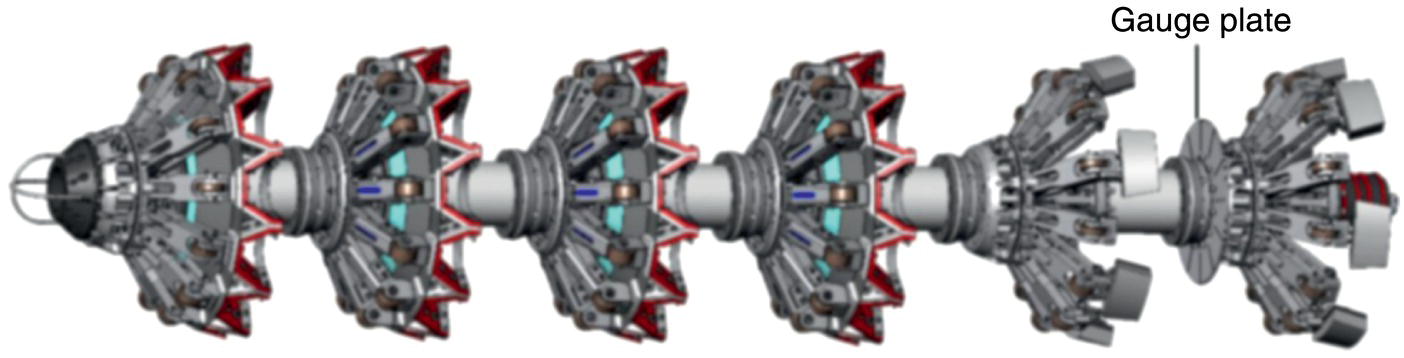 A 3D illustration of a multi-cylinder engine with a central shaft and multiple cylinders, labeled with a "Gauge plate" on the connecting component. The design emphasizes the mechanical configuration and layout of engine parts.