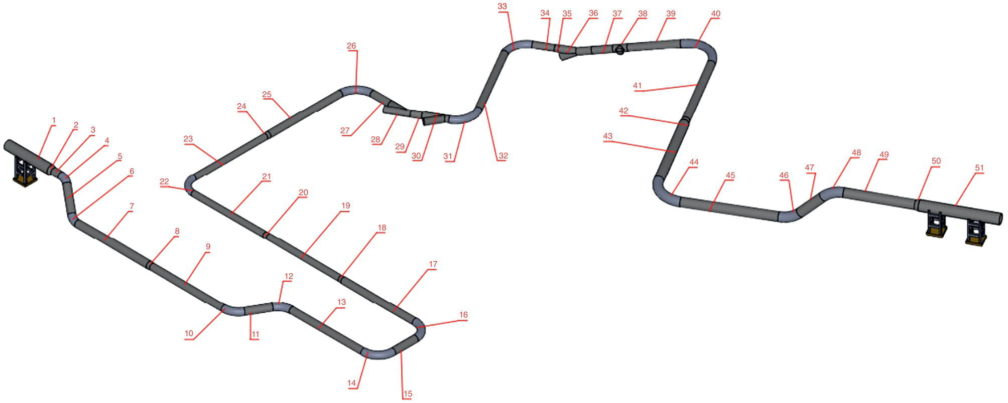 A technical diagram of a piping system with labeled sections connected in a complex layout. The design emphasizes the arrangement and flow paths of each component, marked with numerical identifiers.
